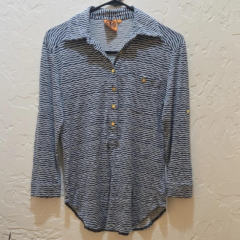 Tory Burch Navy and White Wavy Striped Long Sleeve Top